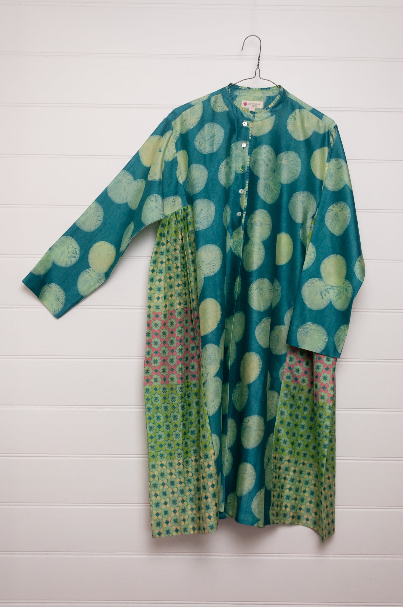 Brahma Karma chanderi cotton silk emerald green tunic dress with geometric side panels.