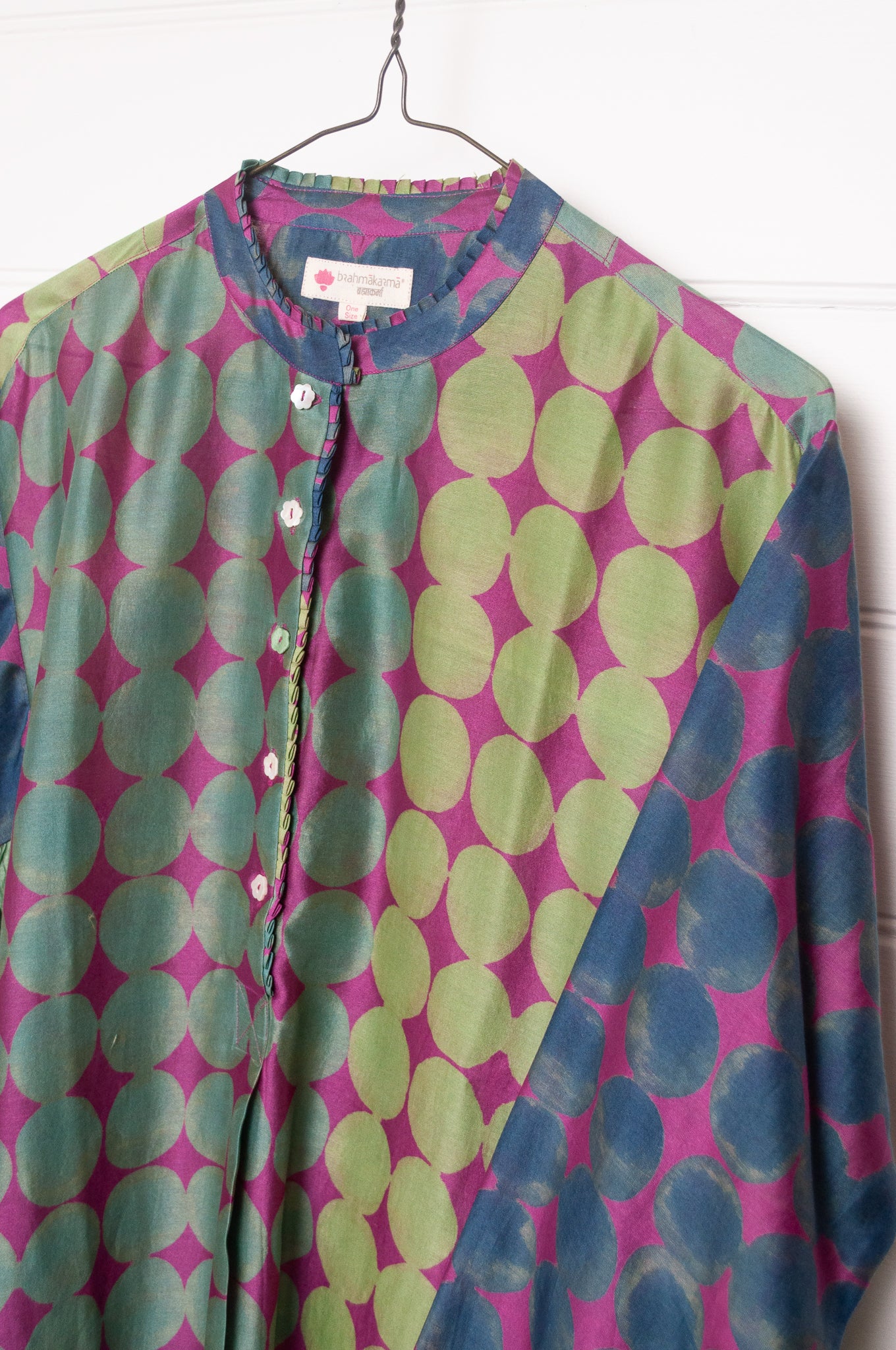 Brahma Karma chanderi cotton silk blue, green and lilac spotted tunic dress with gathered side panels.