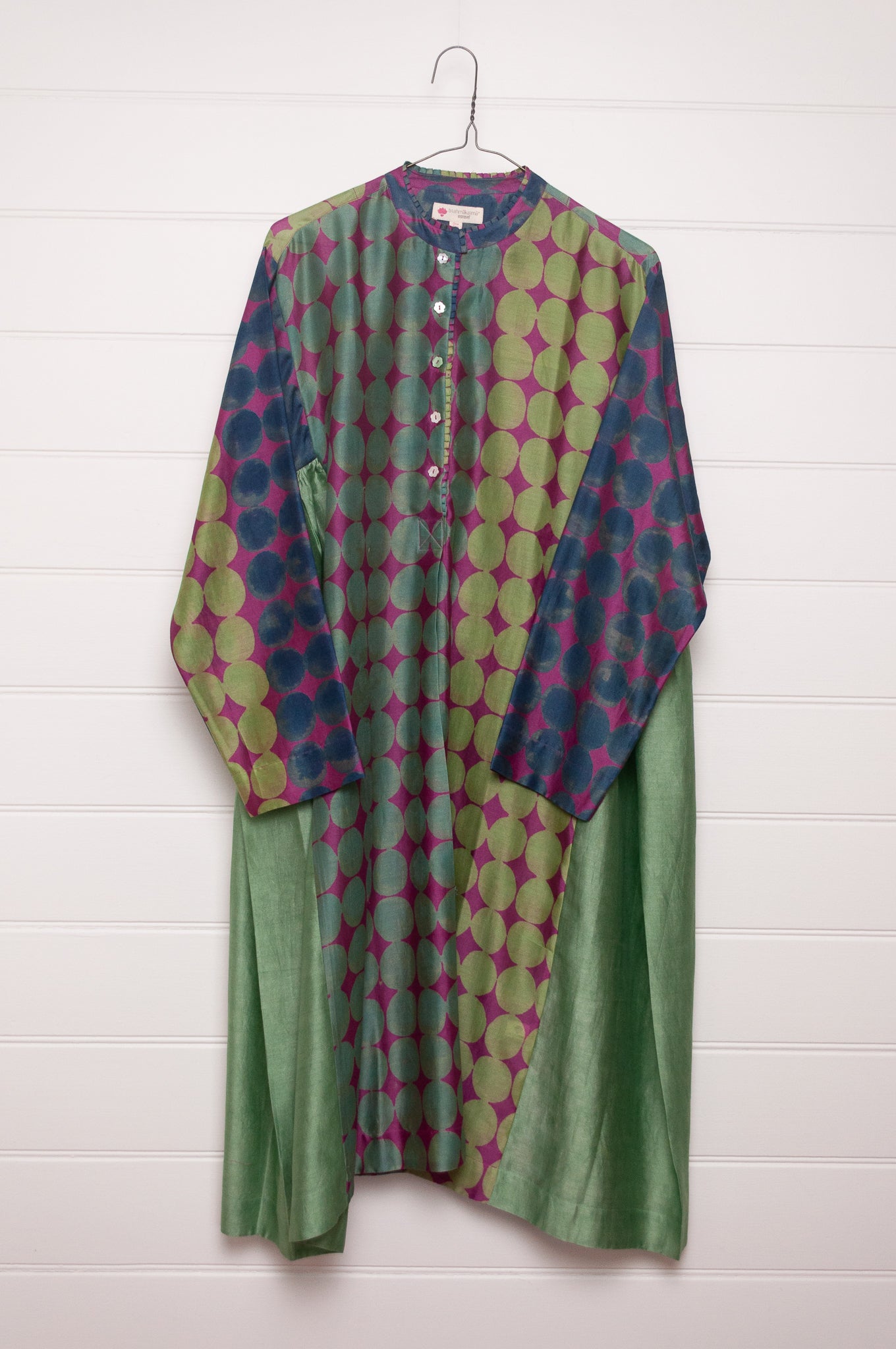 Brahma Karma chanderi cotton silk blue, green and lilac spotted tunic dress with gathered side panels.