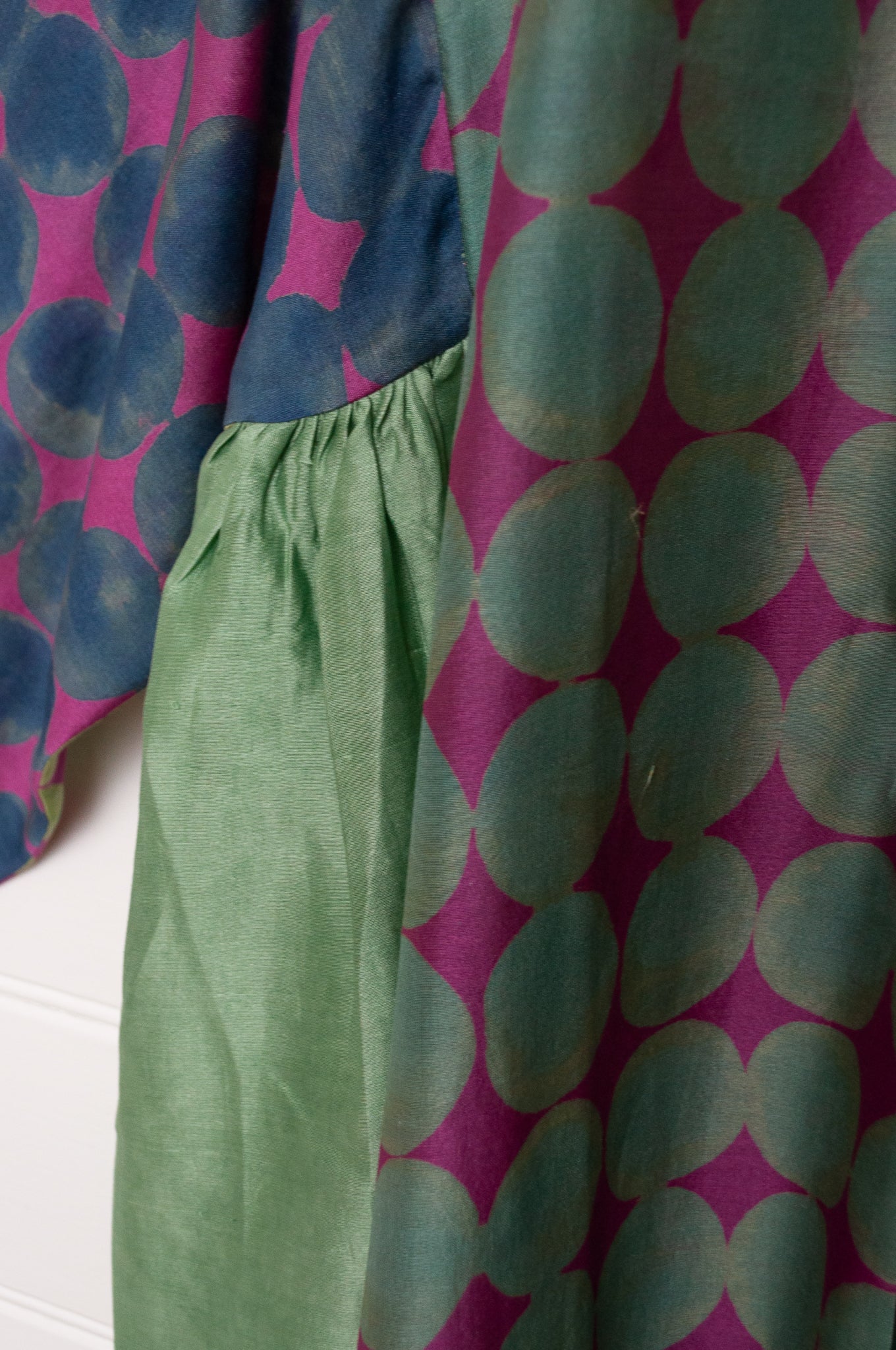Brahma Karma chanderi cotton silk blue, green and lilac spotted tunic dress with gathered side panels.
