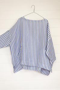 Frockk Louise one size oversized linen tunic top in cornflower blue and white stripe.