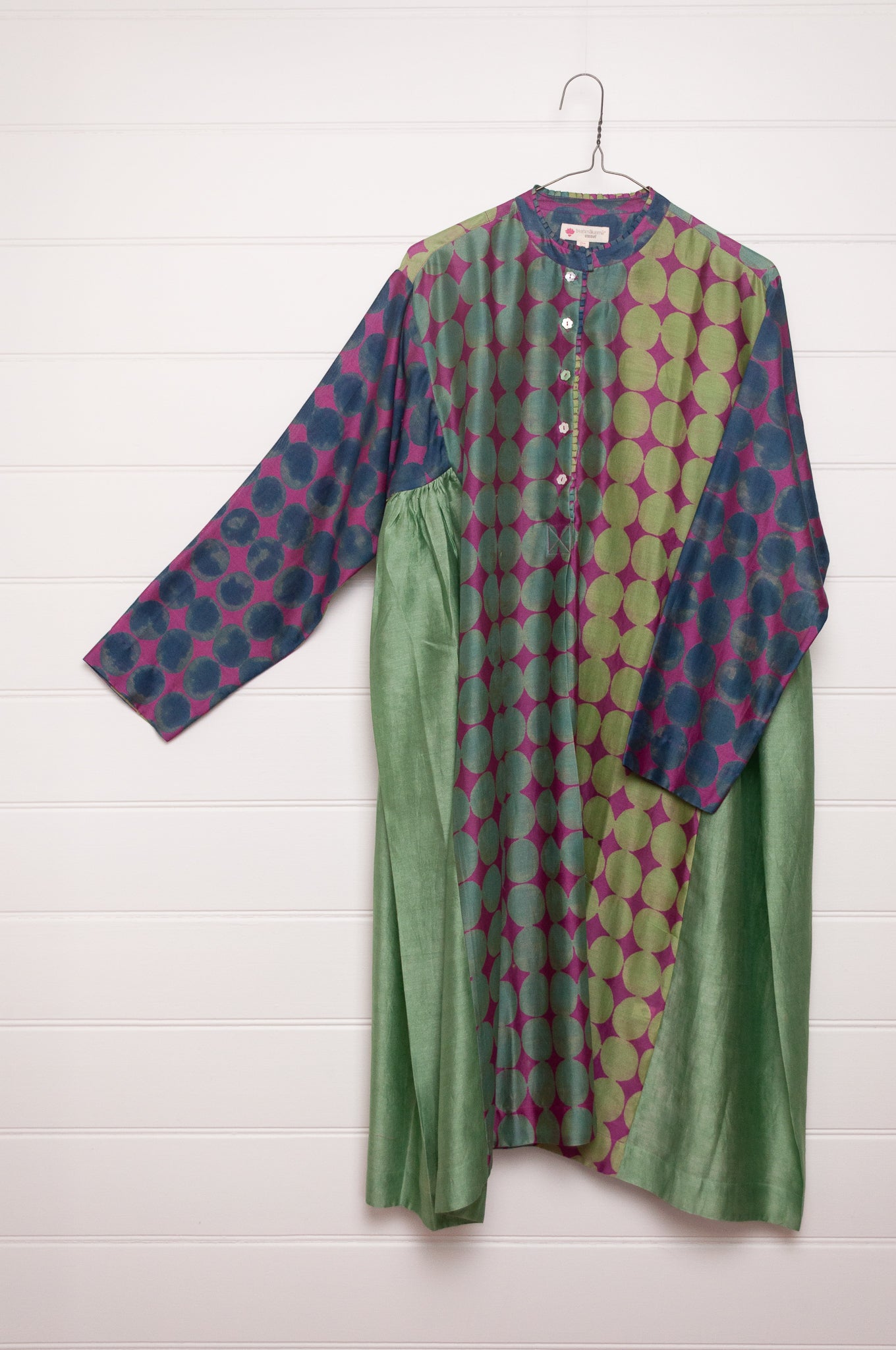 Brahma Karma chanderi cotton silk blue, green and lilac spotted tunic dress with gathered side panels.