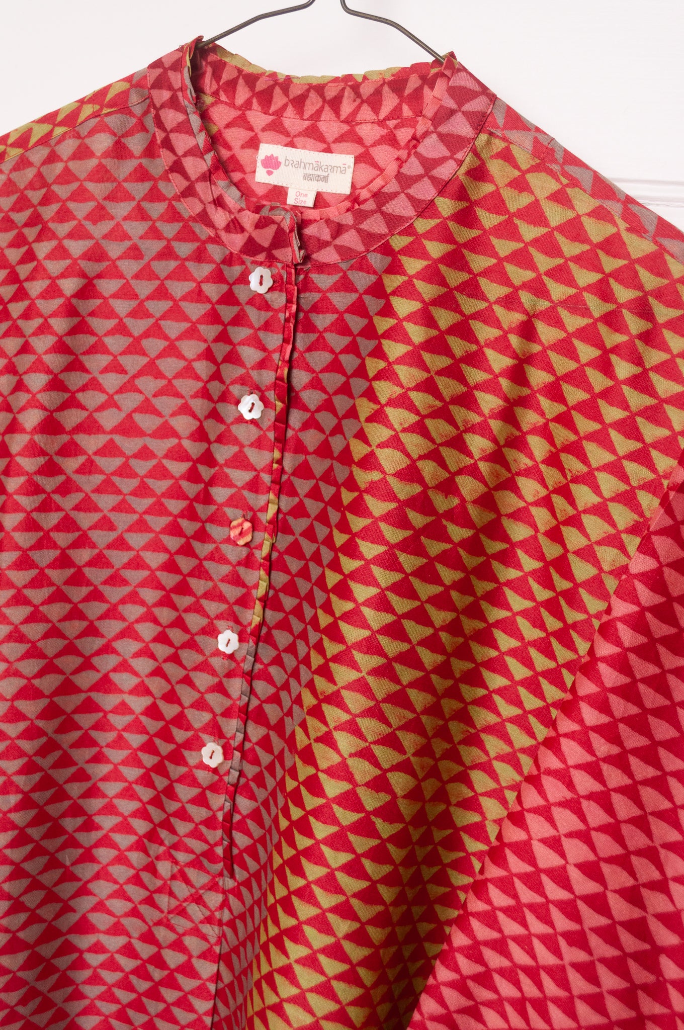 Brahma Karma chanderi cotton silk cherry red and gold triangle spotted tunic dress with gathered side panels.