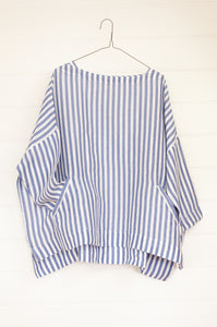 Frockk Louise one size oversized linen tunic top in cornflower blue and white stripe.