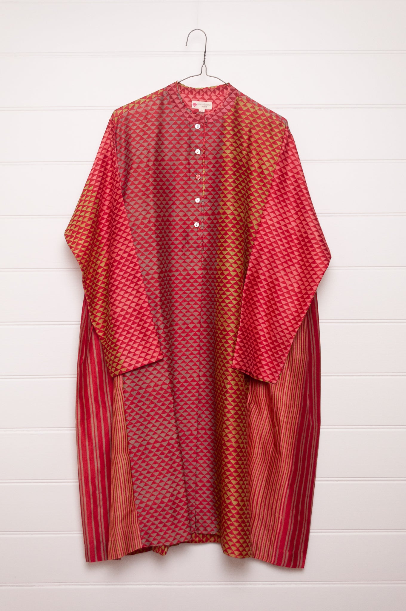 Brahma Karma chanderi cotton silk cherry red and gold triangle spotted tunic dress with gathered side panels.