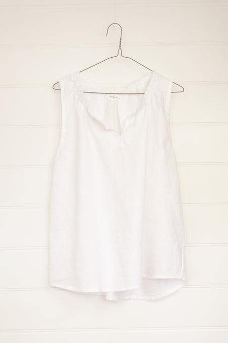 Frockk Lucy linen top, white sleeveless with gathered neck.