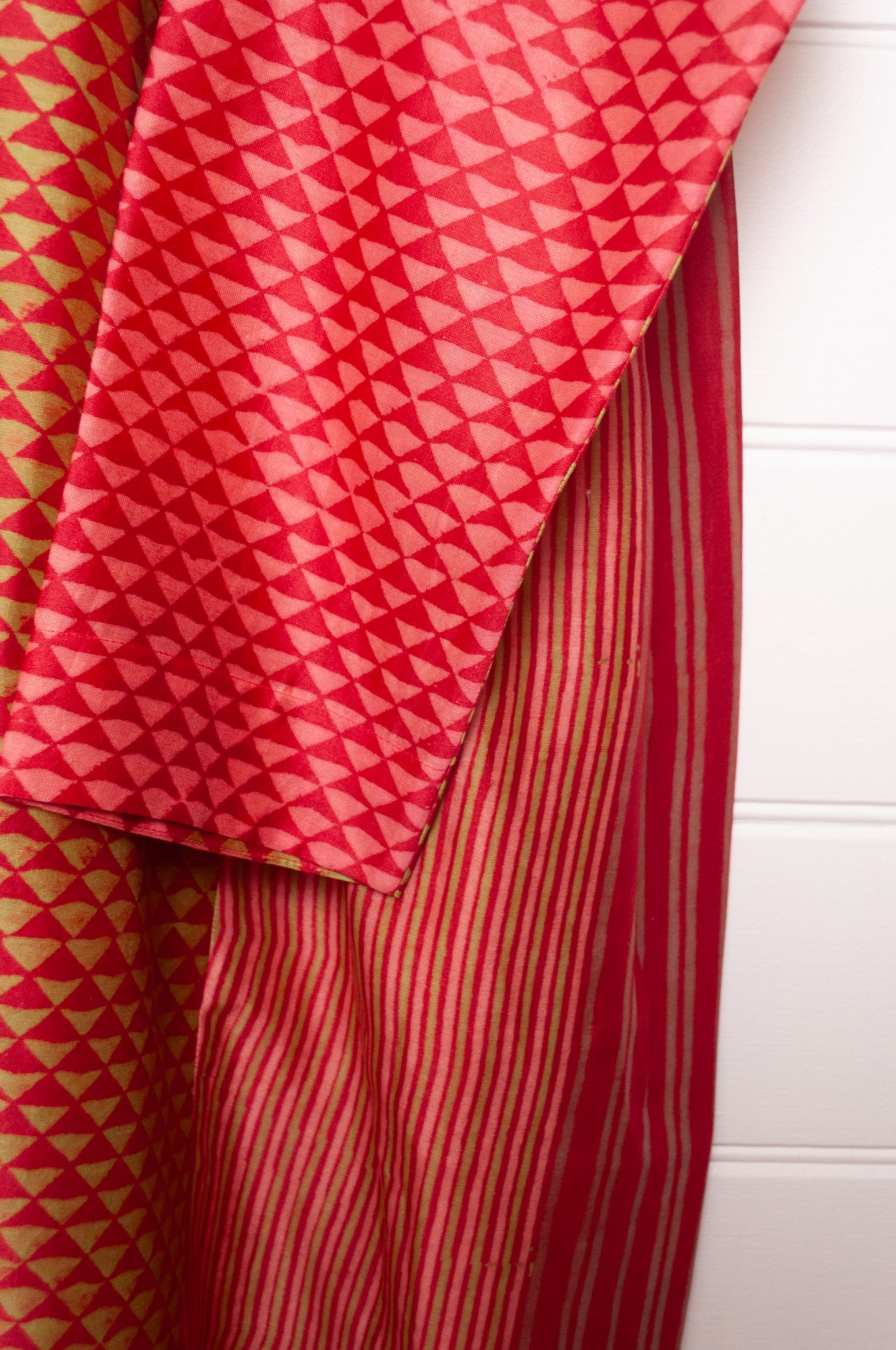 Brahma Karma chanderi cotton silk cherry red and gold triangle spotted tunic dress with gathered side panels.