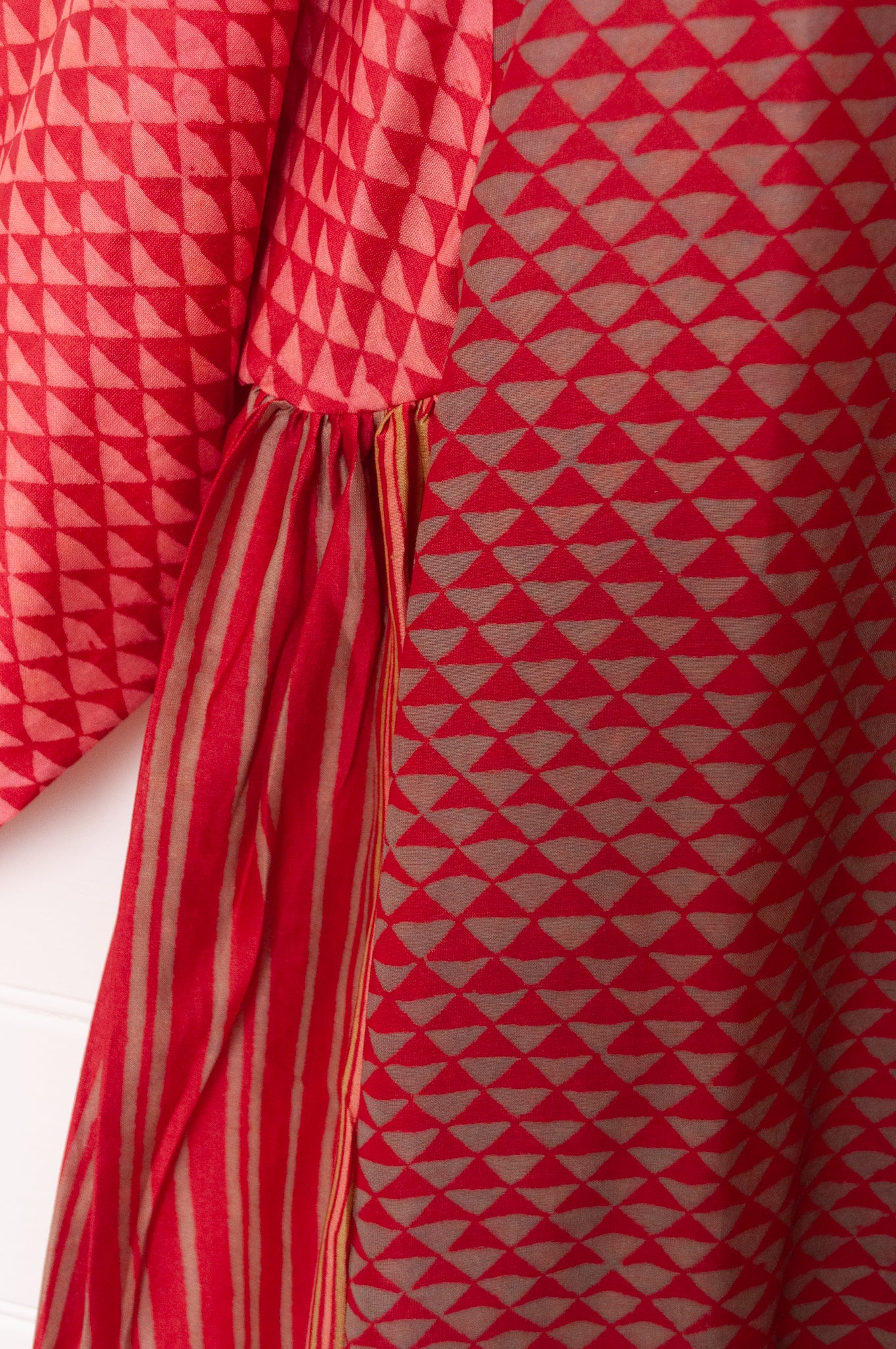 Brahma Karma chanderi cotton silk cherry red and gold triangle spotted tunic dress with gathered side panels.