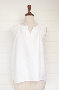 Frockk Lucy linen top, white sleeveless with gathered neck.