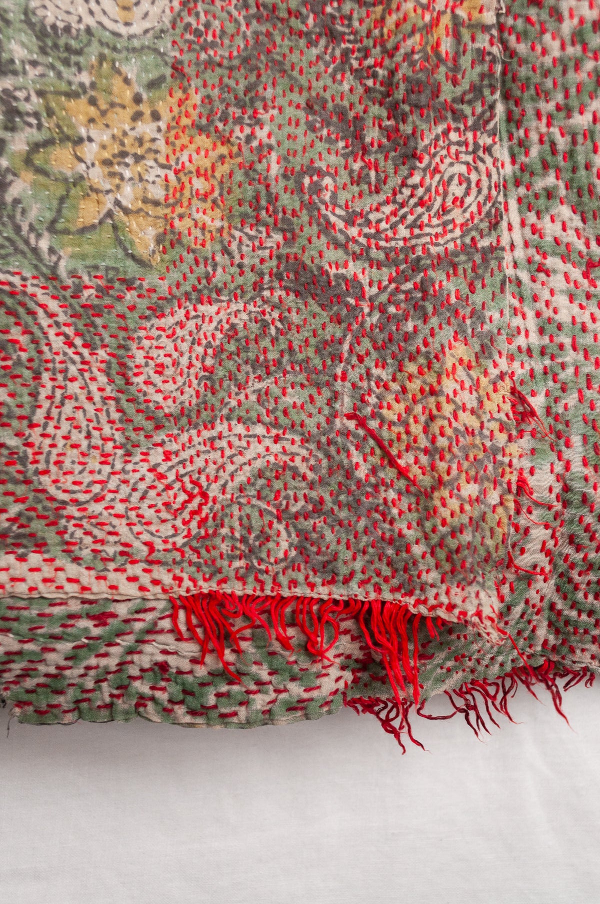 Vintage kantha quilt Bagru blockprinted in sage green, floral design with red braid edging embroidery.