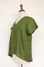 Load image into Gallery viewer, Frockk linen v-neck tshirt top in moss green.