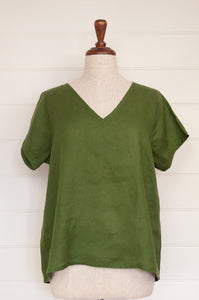 Frockk linen v-neck tshirt top in moss green.