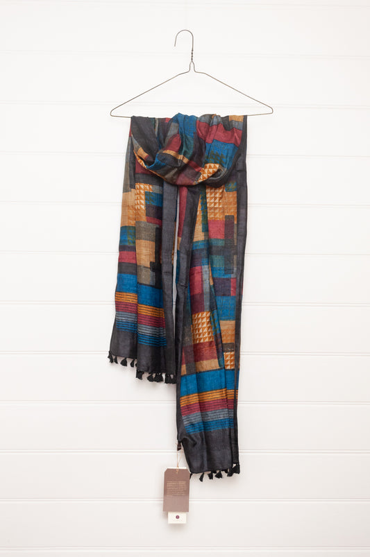 Karomi blockprint handwoven silk scarf in jewel tones.