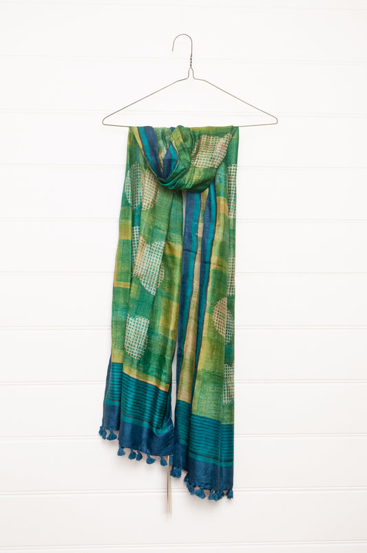 Karomi blockprint handwoven silk scarf in emerald green and turquoise.