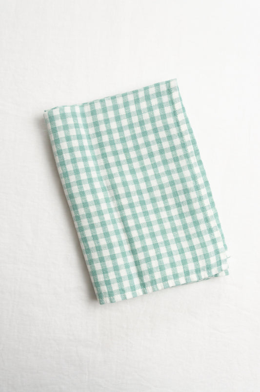 Lithuanian linen gingham mint green and white check tea towel.