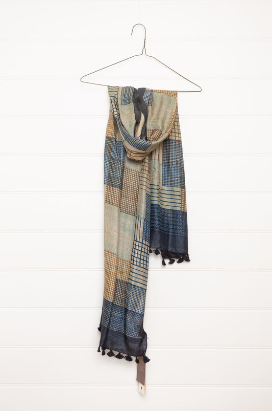 Karomi blockprint handwoven silk scarf in light bronze and indigo checks.