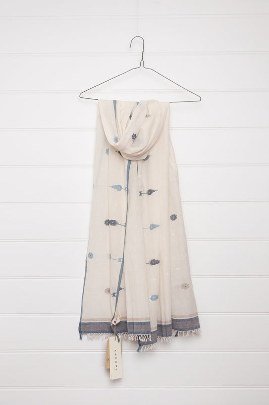 Karomi natural dye handwoven jamdani cotton scarf with indigo motifs.