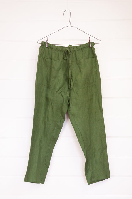 Frockk Jessie linen pants drawstring waist in moss green.