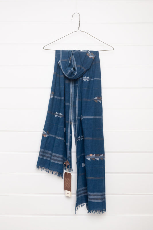 Karomi indigo blue natural dye handwoven jamdani cotton scarf.
