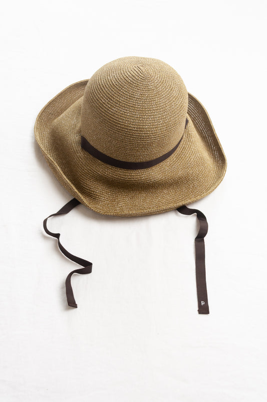 PCNQ made in Japan paper sun hat with ribbon tie Leonie in olive green.
