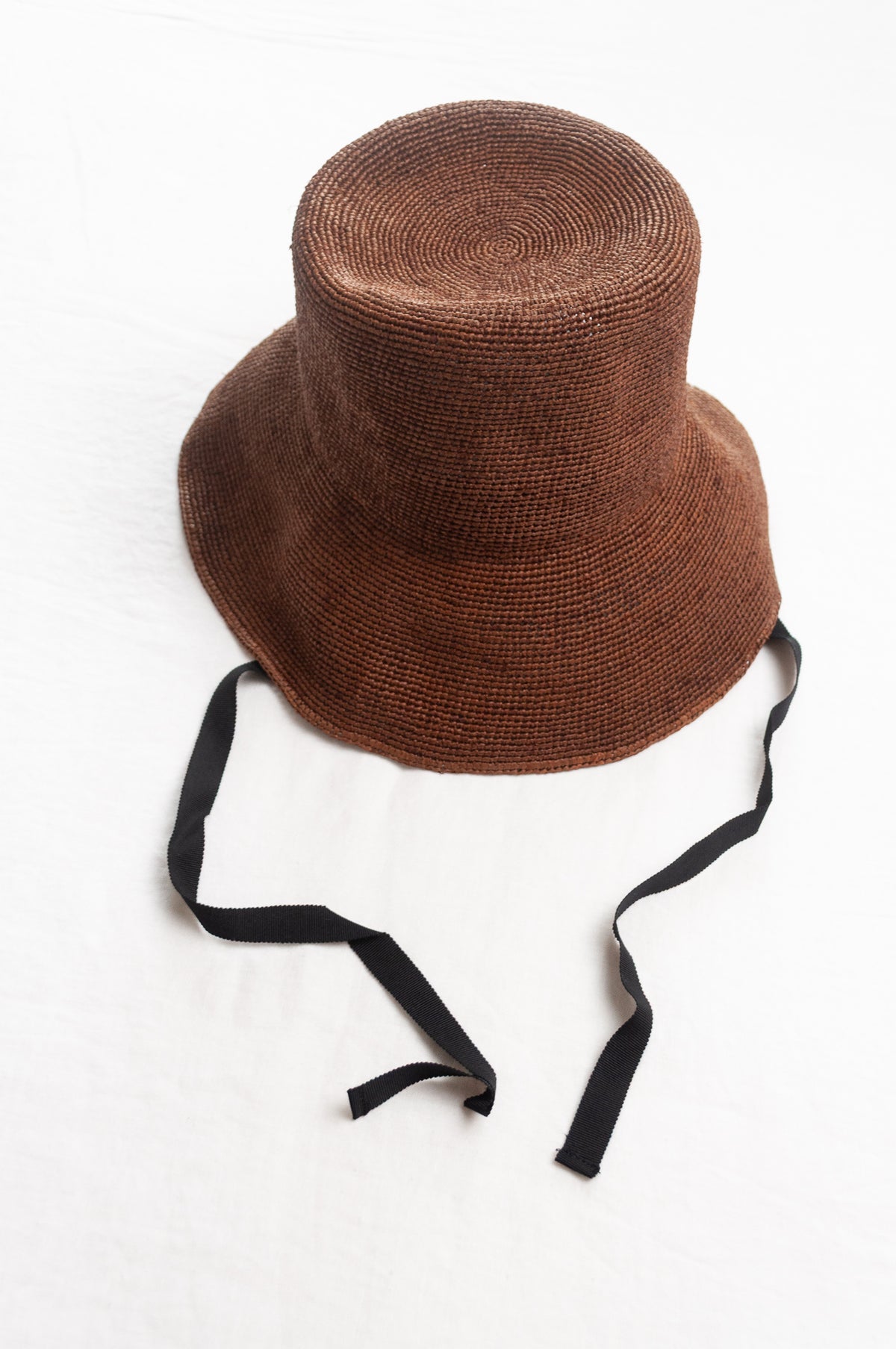 PCNQ made in Japan raffia sun hat with ribbon tie Cleo in brown.