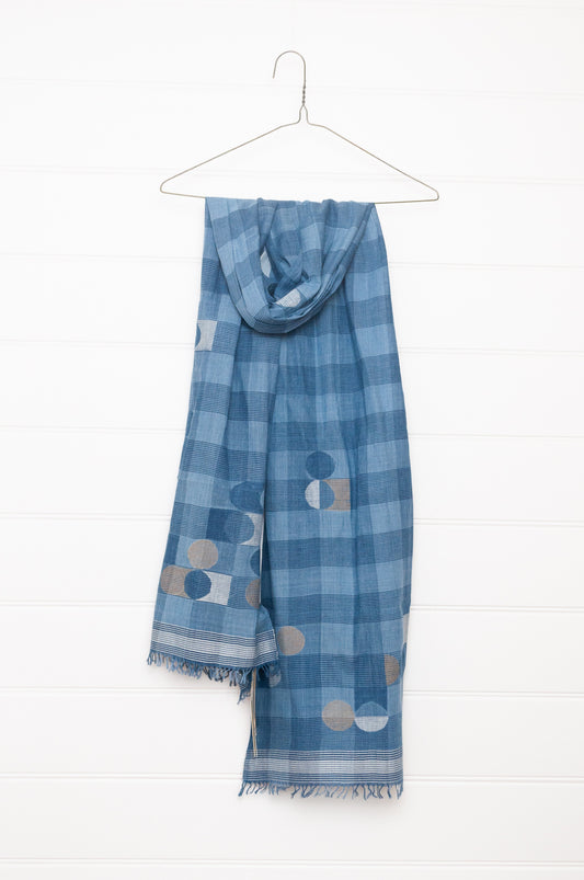Karomi indigo blue natural dye handwoven jamdani and check cotton scarf.