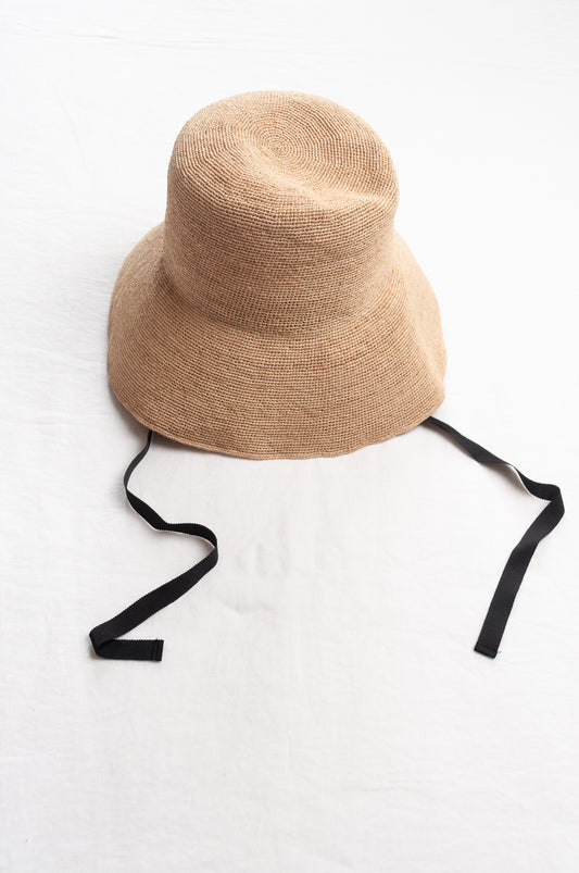 PCNQ made in Japan raffia sun hat with ribbon tie Cleo in natural.