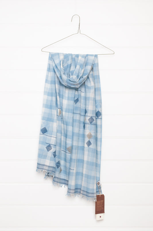 Karomi indigo blue natural dye handwoven jamdani and check cotton scarf.