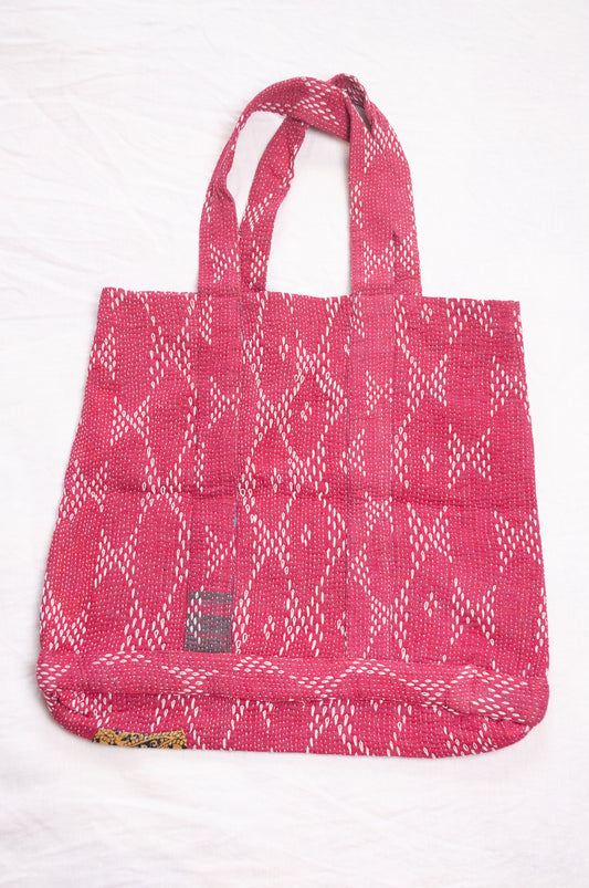 Vintage embroidered kantha quilt market tote bag in raspberry red.