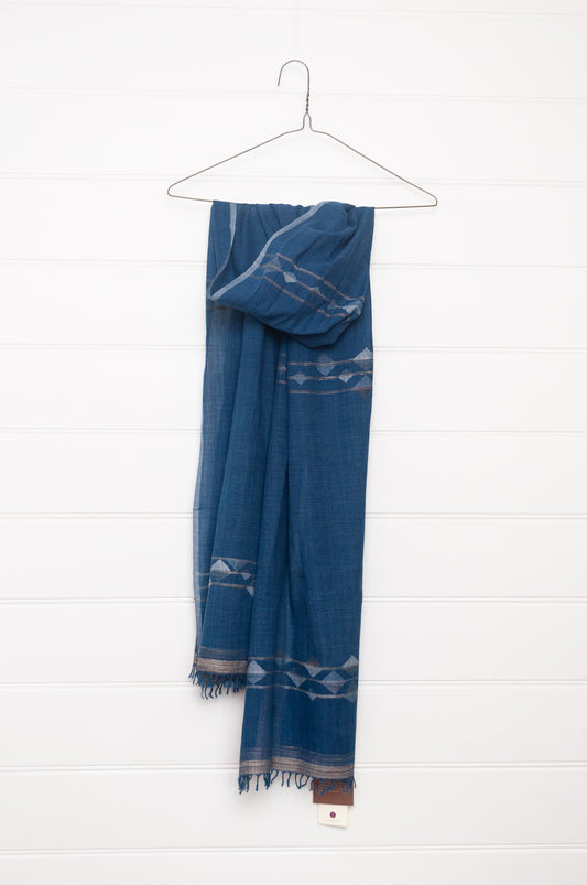 Karomi indigo blue natural dye handwoven jamdani cotton scarf.