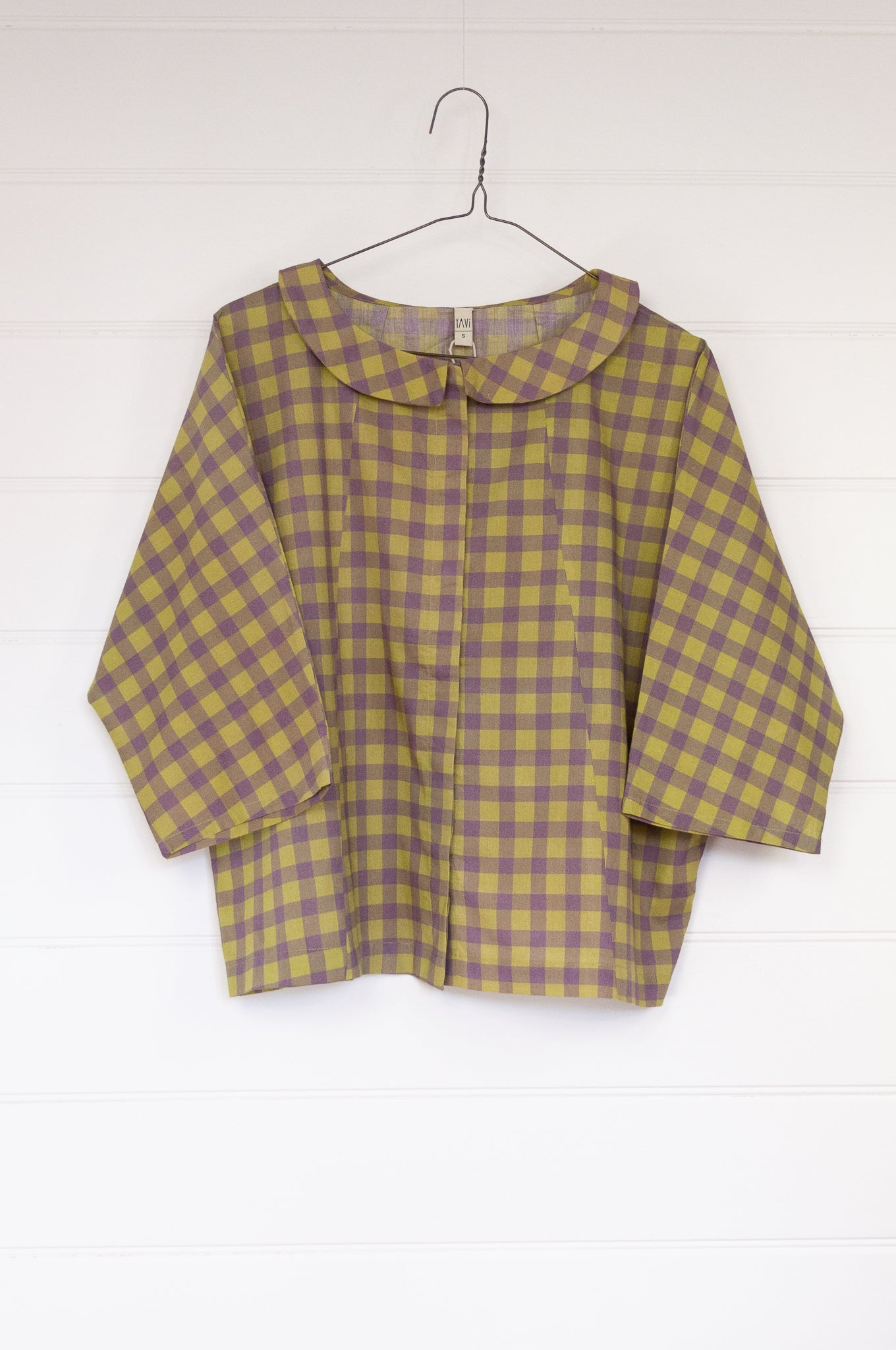 Yavi gingham cotton blouse in lilac and olive.