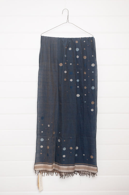 Karomi dark indigo natural dye handwoven jamdani cotton scarf.