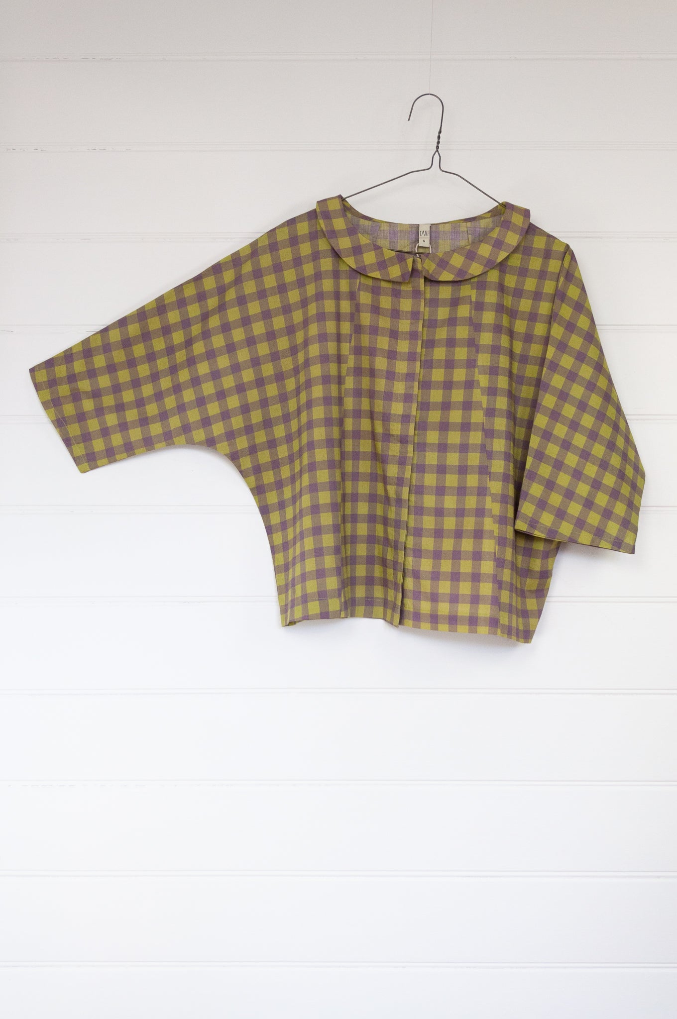 Yavi gingham cotton blouse in lilac and olive.