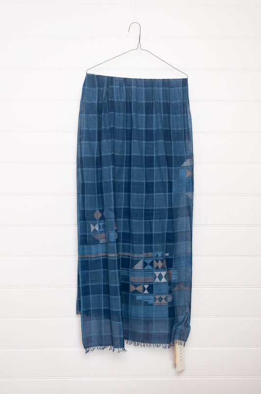 Karomi indigo blue natural dye handwoven jamdani and check cotton scarf.