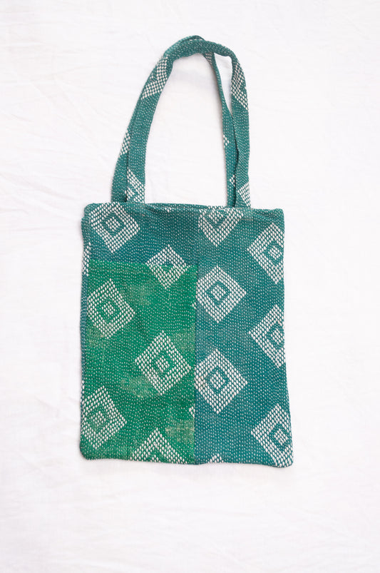 Vintage embroidered kantha quilt tote bag in emerald green.