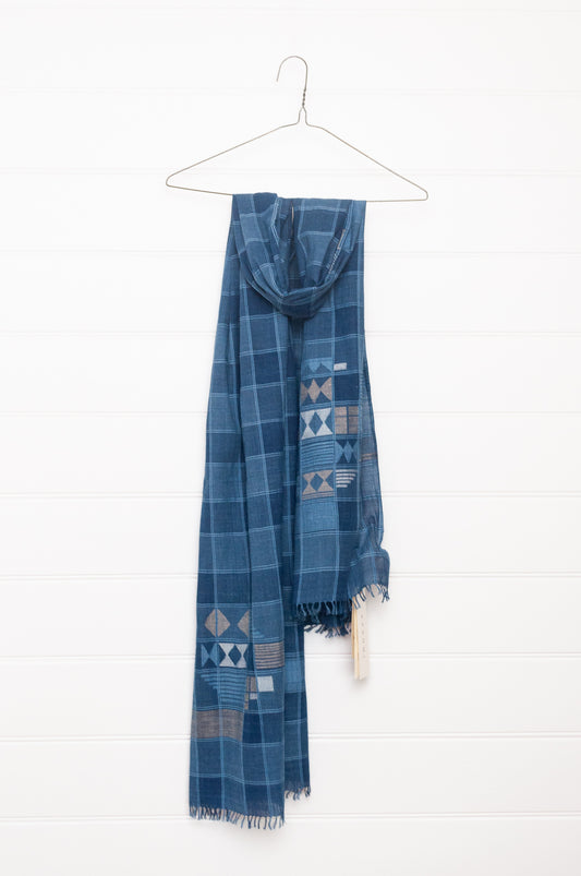 Karomi indigo blue natural dye handwoven jamdani and check cotton scarf.
