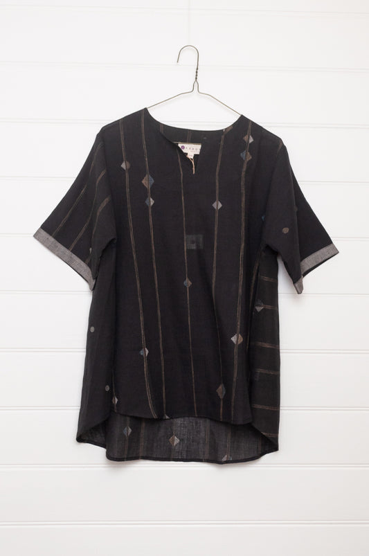 Karomi black jamdani fine cotton short sleeve Ariel top.