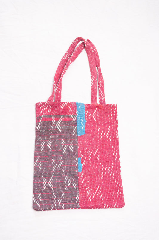 Vintage embroidered kantha quilt tote bag in raspberry red.