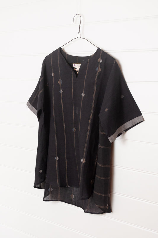 Karomi black jamdani fine cotton short sleeve Ariel top.