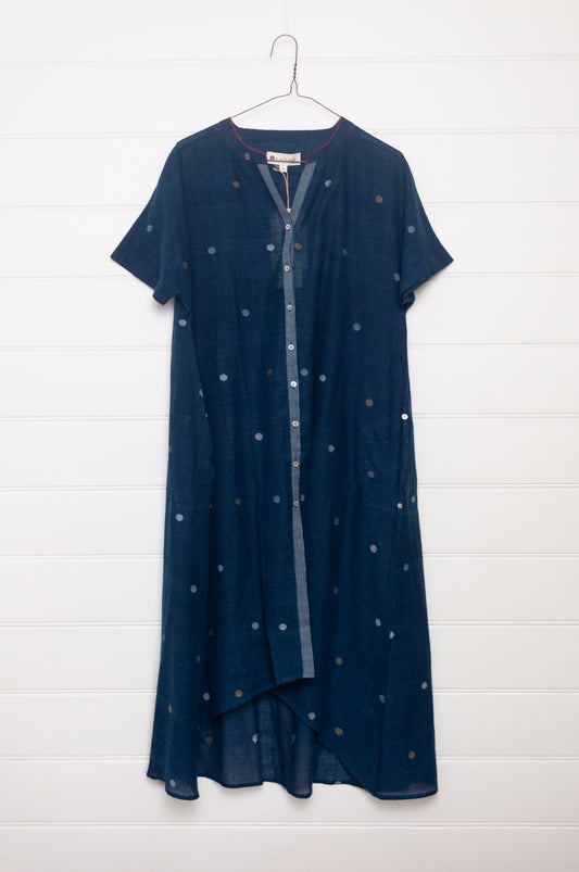 Karomi indigo jamdani button up Moon dress.