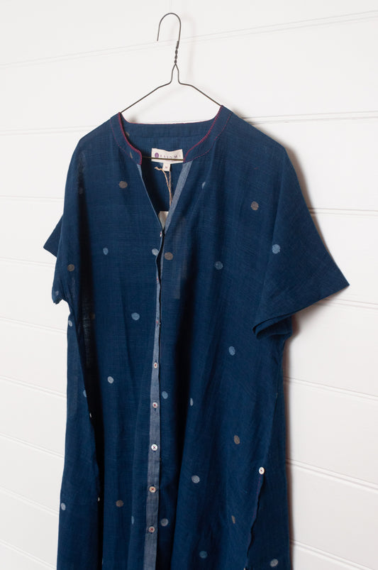 Karomi indigo jamdani button up Moon dress.