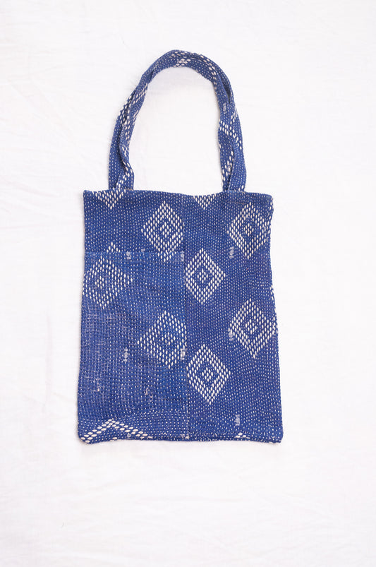 Vintage embroidered kantha quilt tote bag in sapphire blue.
