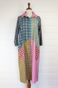 Yavi cotton gingham shirt dress in multi coloured panels.