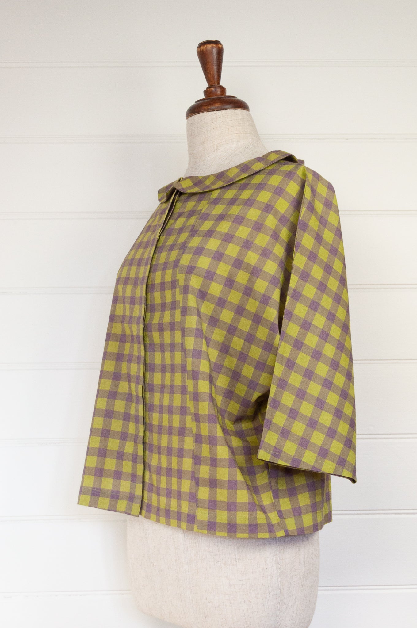 Yavi gingham cotton blouse in lilac and olive.