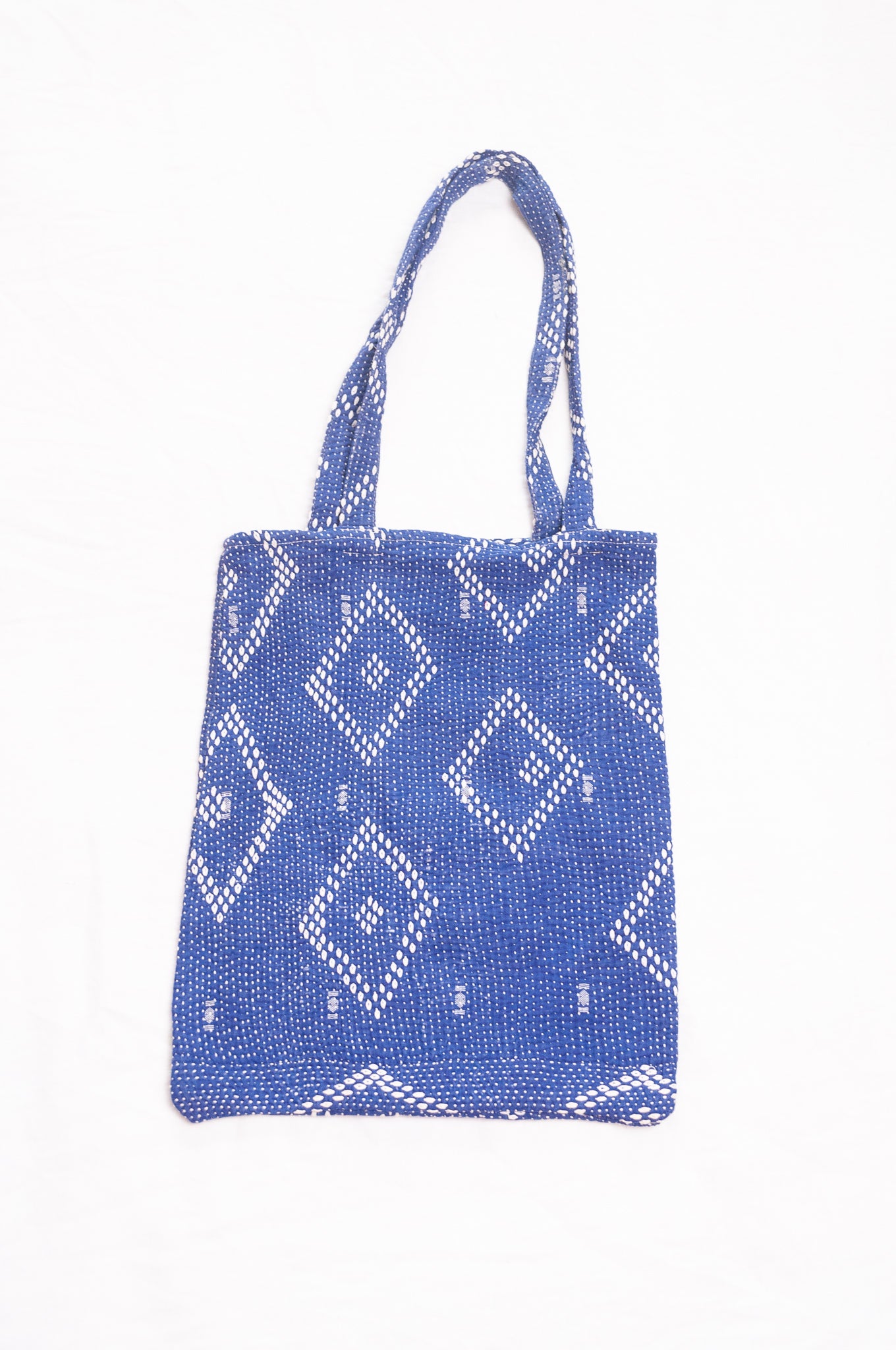 Vintage embroidered kantha quilt tote bag in sapphire blue.