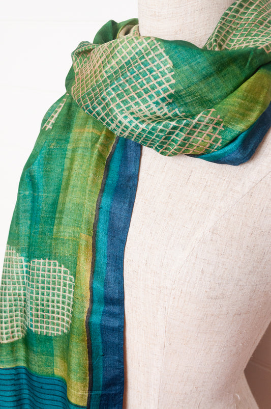 Karomi blockprint handwoven silk scarf in emerald green and turquoise.