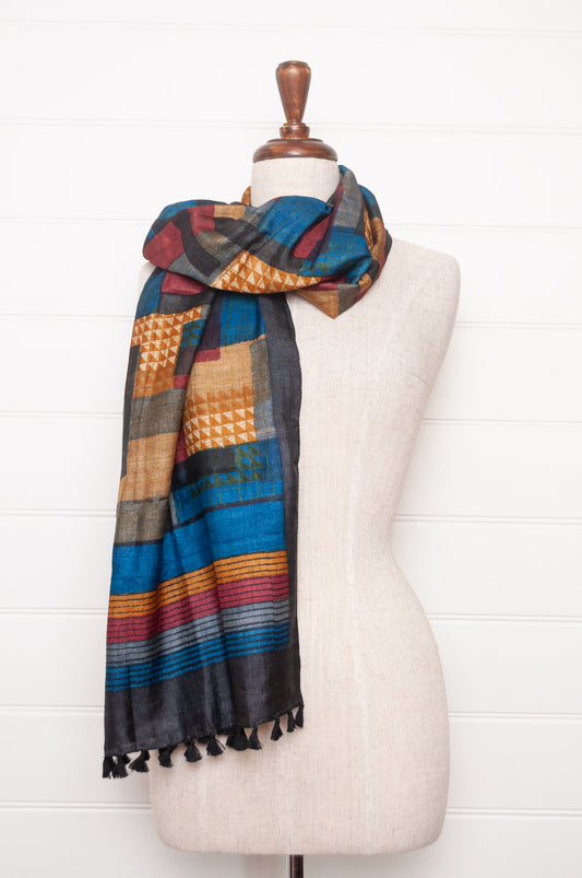 Karomi blockprint handwoven silk scarf in jewel tones.