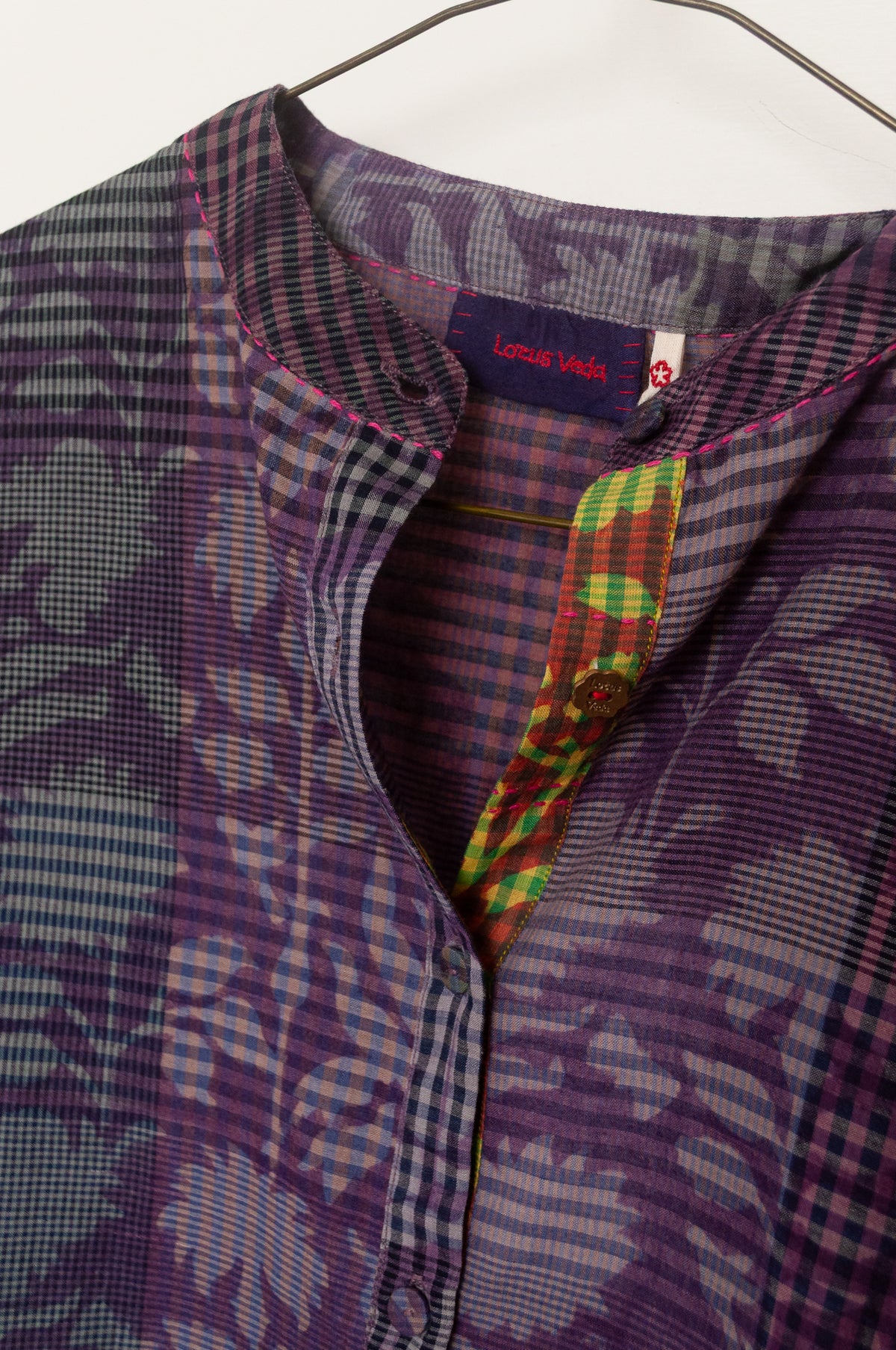 Lotus Veda Radha handloom blockprint cotton blouse - purple check