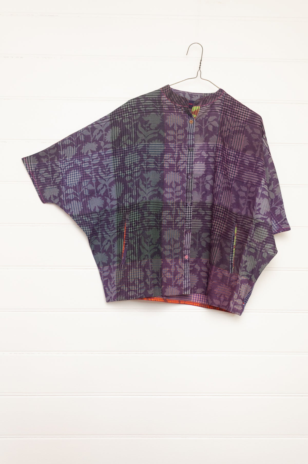 Lotus Veda Radha handloom blockprint cotton blouse - purple check