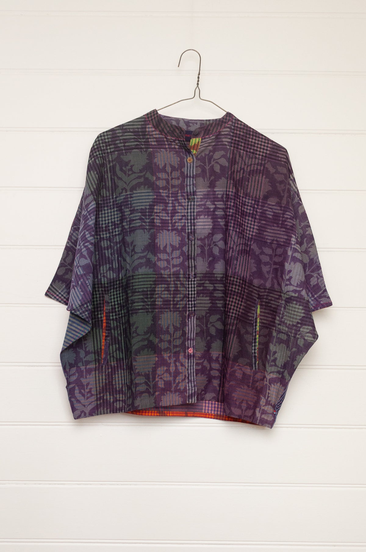 Lotus Veda Radha handloom blockprint cotton blouse - purple check